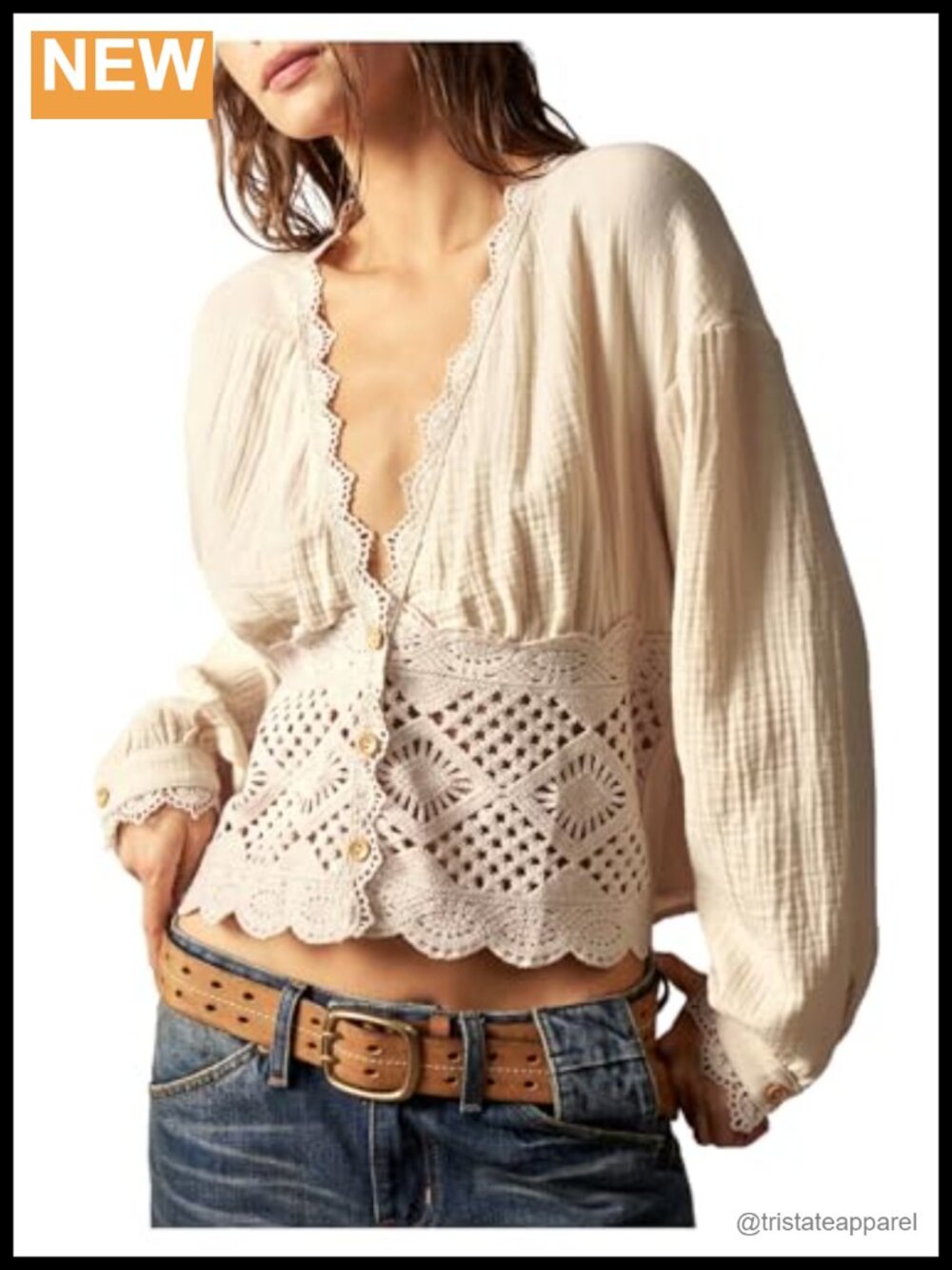 Women's Western Hollow Out Blouse Deep V Neck Button Up Long Sleeve Top